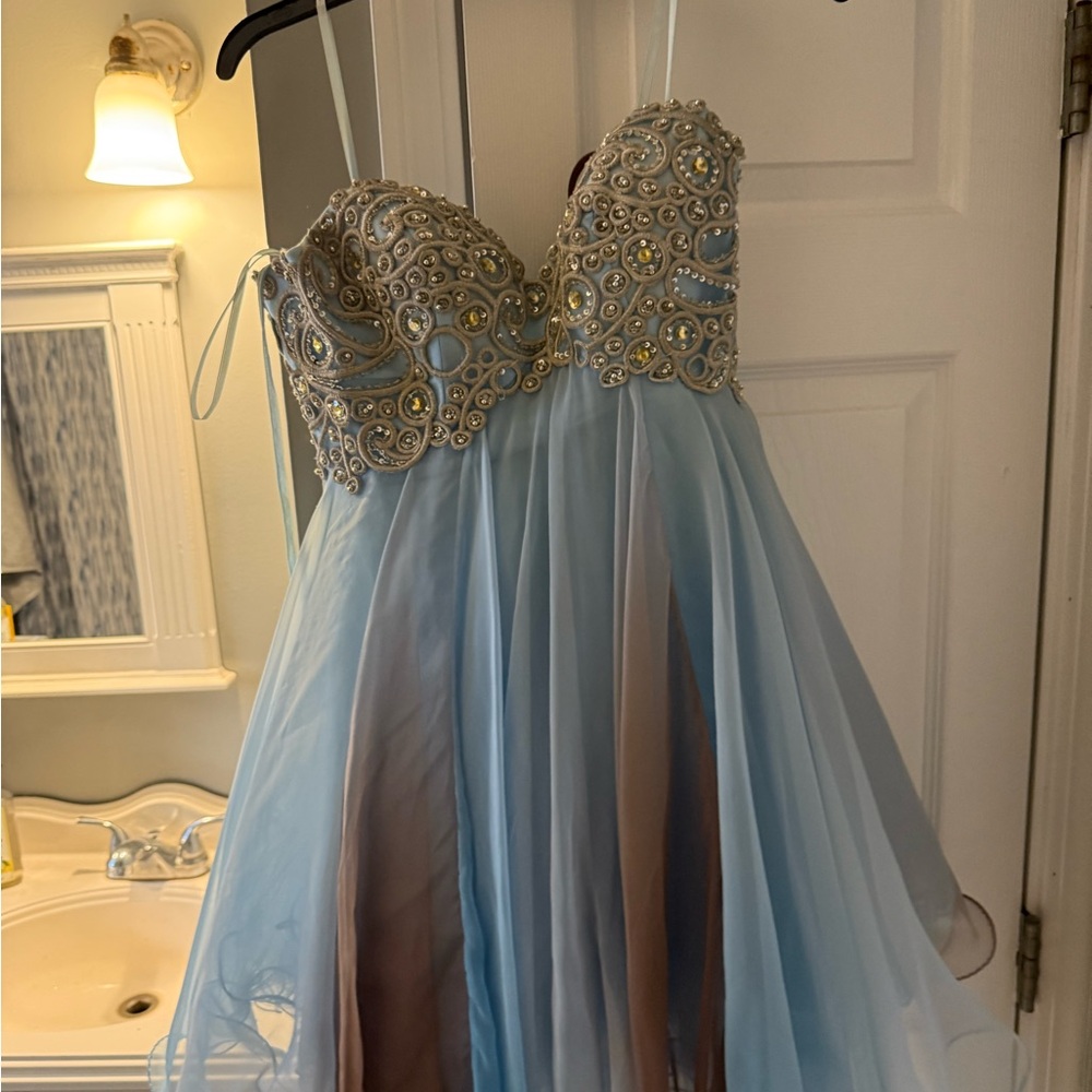 Blue and Gold Embellished Mini Dress with Sweetheart Neckline